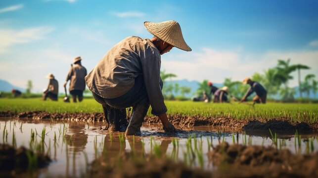 A Farmer planting Rice in the field Farmer planting rice in the field Farmer bows rice Farming in Asia Rice cultivation in the rainy season using People Generated with AI