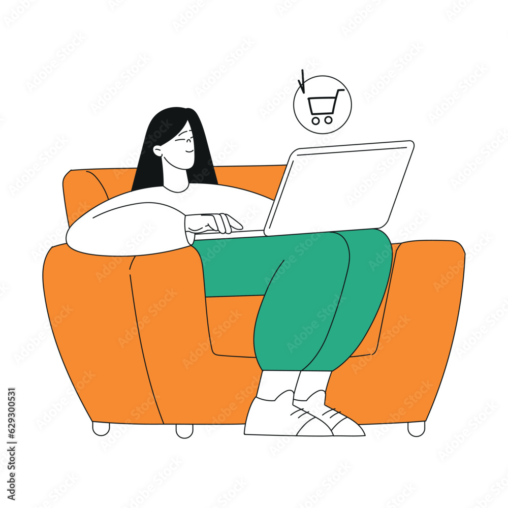 Sticker woman character sit with laptop use food delivery app vector illustration