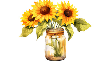 Watercolor sunflower flowers in a glass jar transparent background. Beautiful painting flowers of sunflowers in a jar png