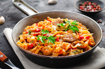 Stewed Cabbage with Meat and Vegetables, Comfort Food, Tasty Meal