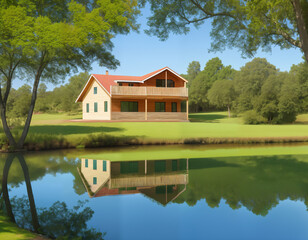 Obraz premium Beautiful wooden house near the river, generative ai. Beautiful natural landscape
