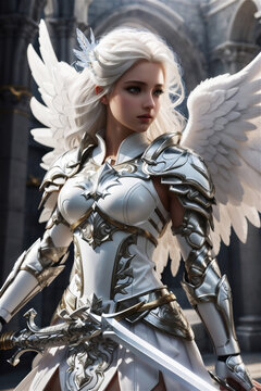 Ultra realistic full body archangel diablo, intricate white and gold armor. Warrior angel beauty woman.