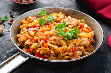 Stewed Cabbage with Meat and Vegetables, Comfort Food, Tasty Meal