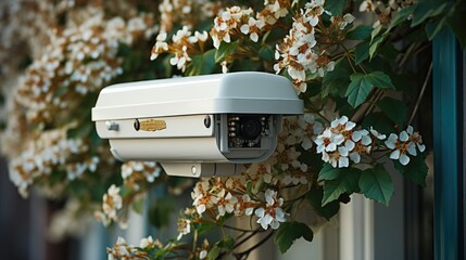 Security camera in front of house with flowers in the foreground.