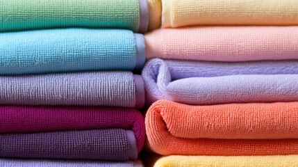 Folded color towels textured, close up.