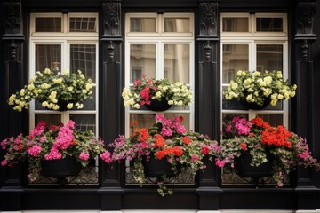 Beautiful blooming flowers in window boxes.