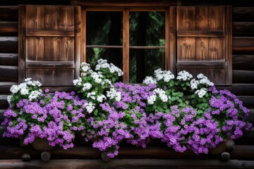 Fototapeta na wymiar White and violet flowers covering window of wooden house