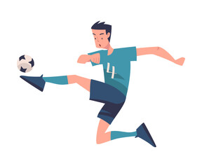 Man Footballer in Blue Uniform Playing Football Pass Ball Vector Illustration
