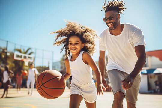 African American Dad and daughter playing basketball on court. Joint family game leisure. 