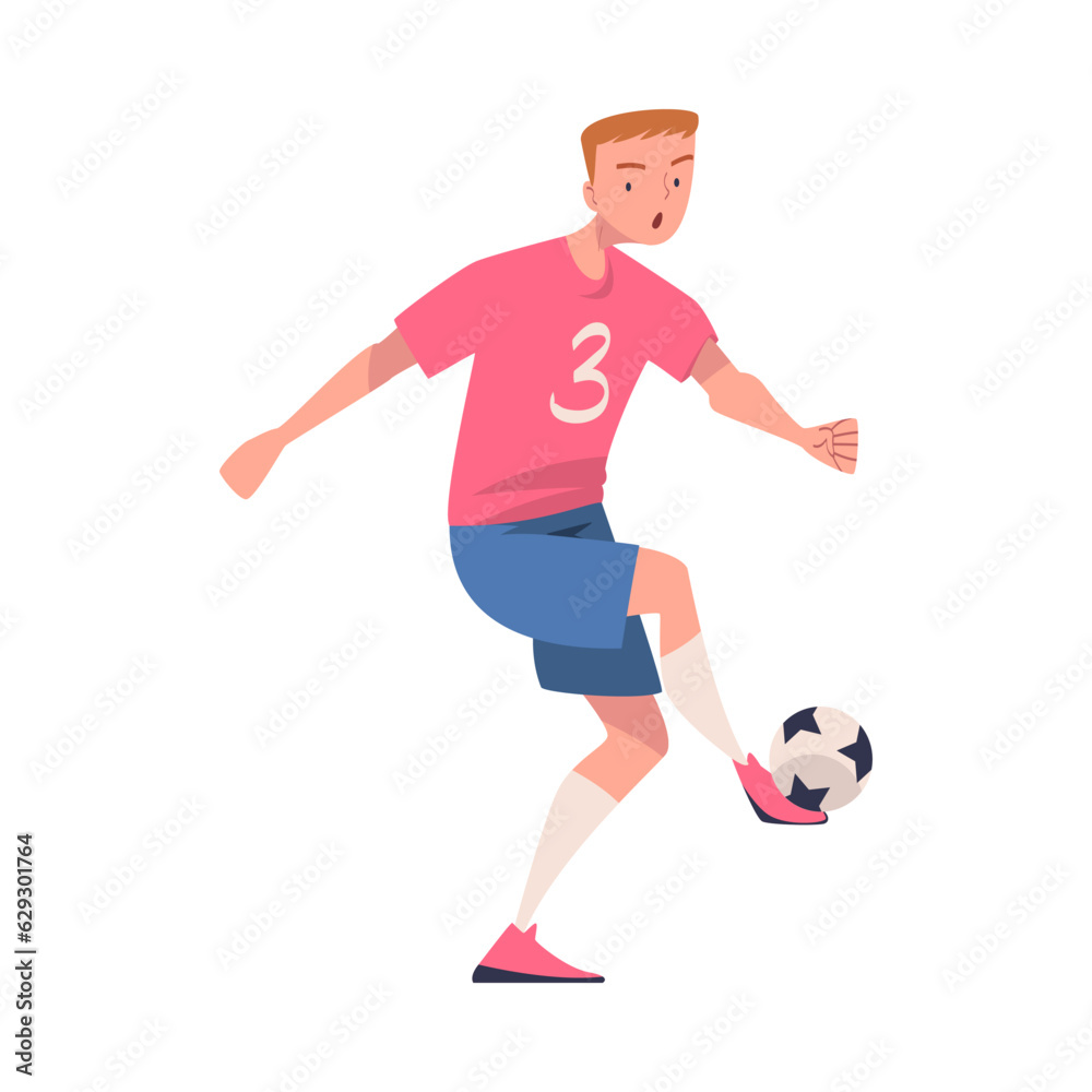 Poster man footballer in pink jersey playing football pass ball vector illustration