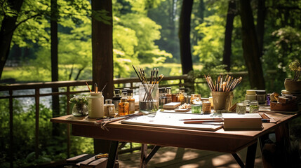 Art therapy in a natural setting, a serene outdoor studio with art supplies spread across the table, green forest background, soft sunlight