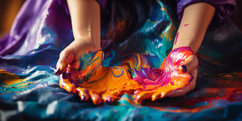 a woman's hands stained with paint, creating an abstract painting on a canvas, vibrant colors, therapeutic environment, soft ambient light