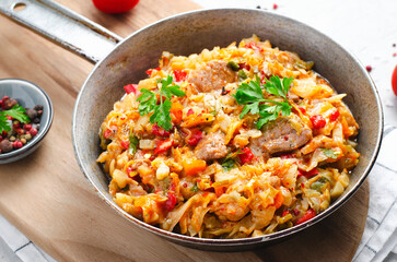 Stewed Cabbage with Meat and Vegetables, Comfort Food, Tasty Meal