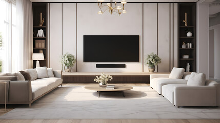 A luxurious living room, featuring modern interior design in a high-end residential setting