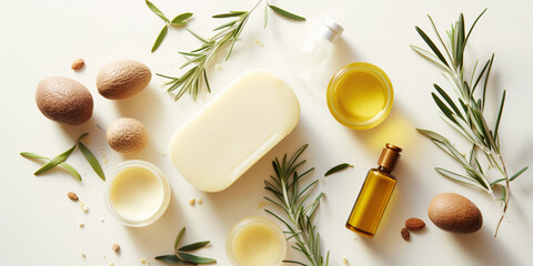 Flat lay of assorted organic cosmetic products with their natural ingredients scattered around, olive oil, almond, rosemary