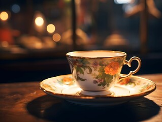 Obraz premium Coffee in a decorated cup, ornements, gold, tea in a fancy teapcup, golden spoon, smoke, porcelain, arabic, chineese, espresso, smoking coffee, close up shot of a cup of coffee, cup of tea