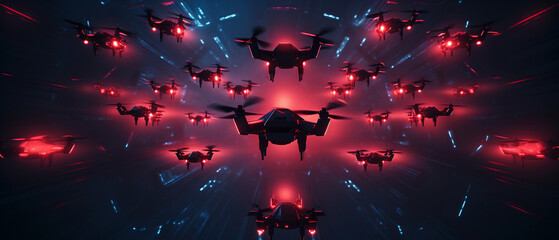 Fleet of drones in formation, neon grid background, futuristic, cyberpunk style, vivid lighting