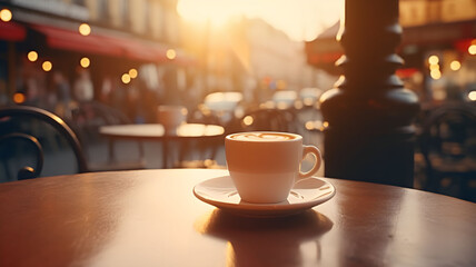 Coffee in a white cup, espresso, smoking coffee, close up shot of a cup of coffee, cafeine, outside, cafe in paris, parisian cafe, bar, table in the street, breakfast,  french coffee, organic coffee