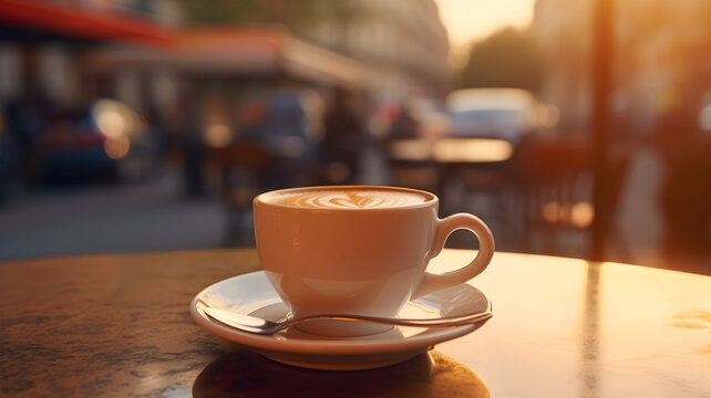 Coffee in a white cup, espresso, smoking coffee, close up shot of a cup of coffee, cafeine, outside, cafe in paris, parisian cafe, bar, table in the street, breakfast,  french coffee, organic coffee