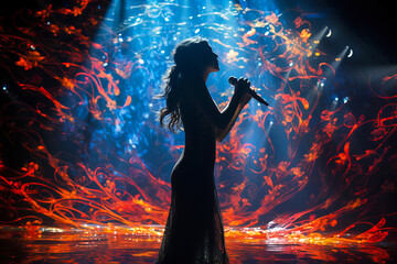 Beautiful asian female singer silhouette sings on stage in light show.  - obrazy, fototapety, plakaty