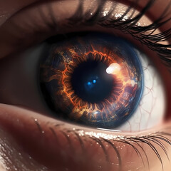Naklejka premium Generative AI, Scorching Fire around a Black Hole inside of a human Eye