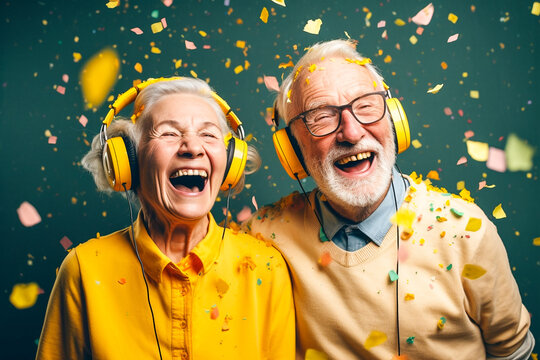 Happy laughing senior older people grandad grandpa grandma and falling confetti on teal blue background. Modern old friends with smile celebrating at party, silent disco, cyberspace.. Generative AI.