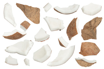 Set of pieces of coconut on a white isolated background. Different pieces of coconut with a crust...