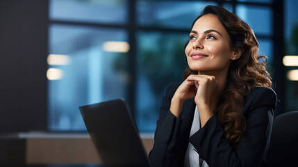 Close up portrait of a smiling thinking young businesswoman in suit against office background.