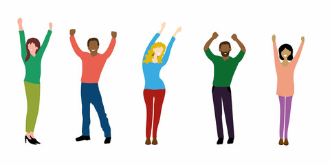 Set of portrait images of girls and guys of different nationalities with their hands raised above their heads, on a white background, faceless illustration
