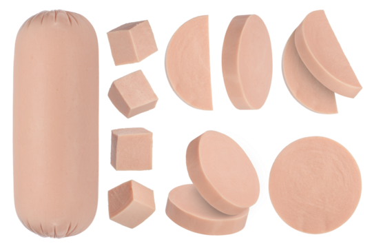 Set of boiled chicken sausage on a white isolated background. Whole sausage and slices of different ways of cutting boiled diet sausage close-up on a white background. Chicken sausage. Top view.