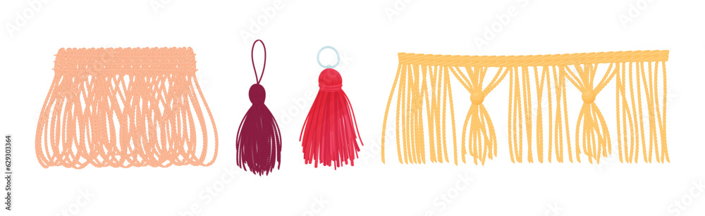 Wall mural Tassel for Fabric and Clothing Decoration with Braided Cord and Yarn Skirt Vector Set - Wall murals