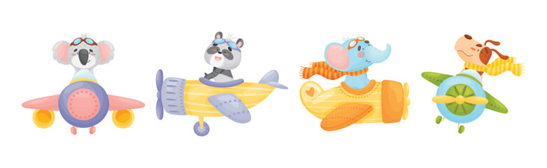 Cute Baby Animals Pilot Flying Plane Vector Set