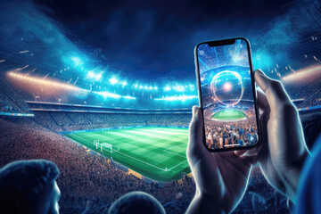 5g soccer spectator: filming epic match on smartphone - obrazy, fototapety, plakaty