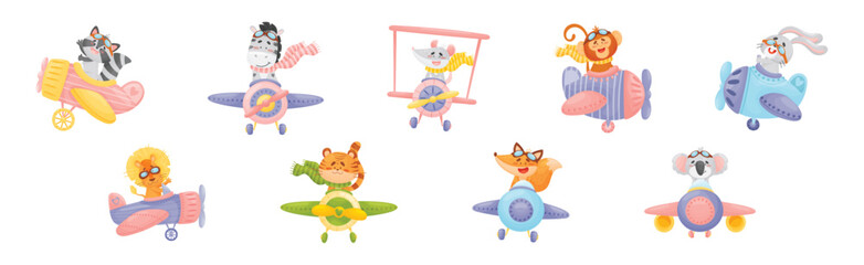 Cute Baby Animals Pilot Flying Plane Vector Set