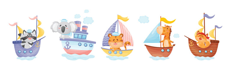 Cute Animals in Sailor Hats Boating and Sailing Vector Set