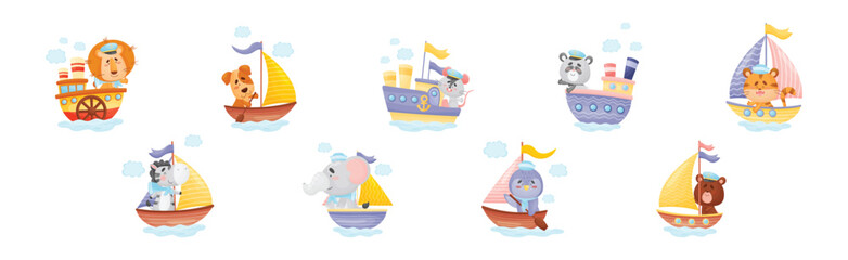 Cute Animals in Sailor Hats Boating and Sailing Vector Set