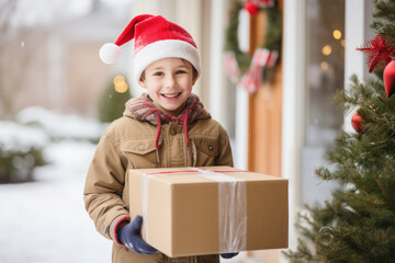 Fototapeta na wymiar Cute happy boy holding Christmas gift box. Winter holidays, Christmas and people concept.