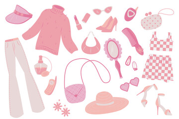 Glamorous pink barbiecore set. Different elements on white background - bags, clothes, mirror, cellphones, hat, sunglasses, perfume, hairlclips, hairbrush, earrings, shoes. Vector illustrations set.