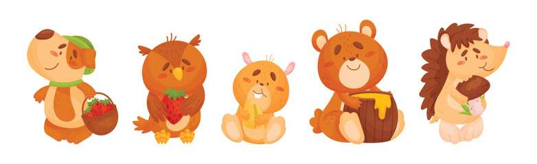 Adorable Animals and Seasonal Harvesting or Ripe Crop Vector Set