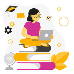 Woman sitting with laptop and books. Online education concept
