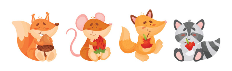 Adorable Animals and Seasonal Harvesting or Ripe Crop Vector Set