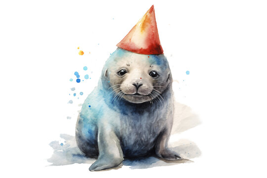 baby seal wearing party hat in watercolor design isolated against transparent background