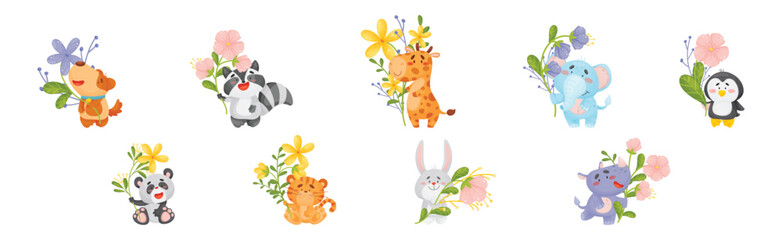 Cute Animals Holding Flower on Stalk with Their Paws Vector Set