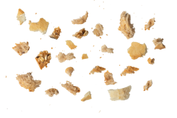 Fresh whole grain bread crumbs isolated on white background. Isolate crumbs of different sizes for inserting into a design or project.