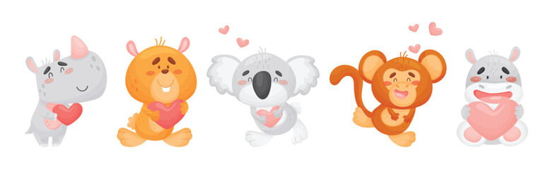 Cute Happy Animals Holding Hearts and Smiling Vector Set