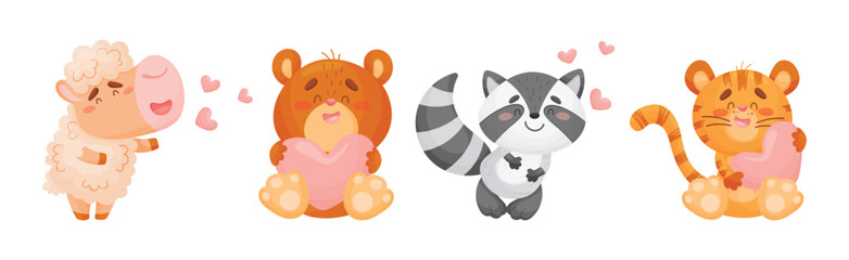 Obraz premium Cute Happy Animals Holding Hearts and Smiling Vector Set