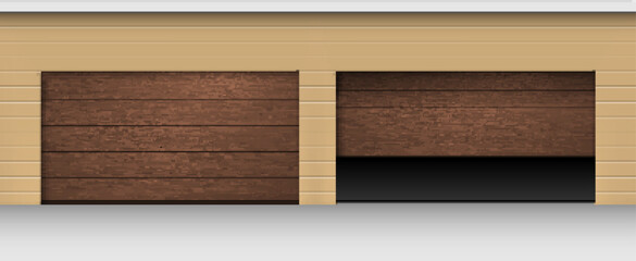 Closed and open garage rolling automatic wooden door building exterior realistic vector