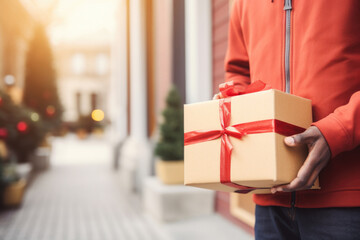 Deliveryman holding gift boxes, fast express shipping delivery concept