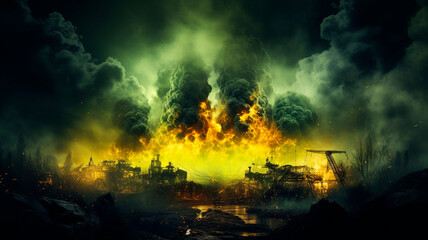 Radioactivity. Radioactive background. Green smoke and ruins. High quality illustration