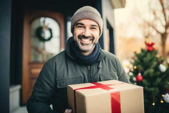 Deliveryman holding gift boxes, fast express shipping delivery concept